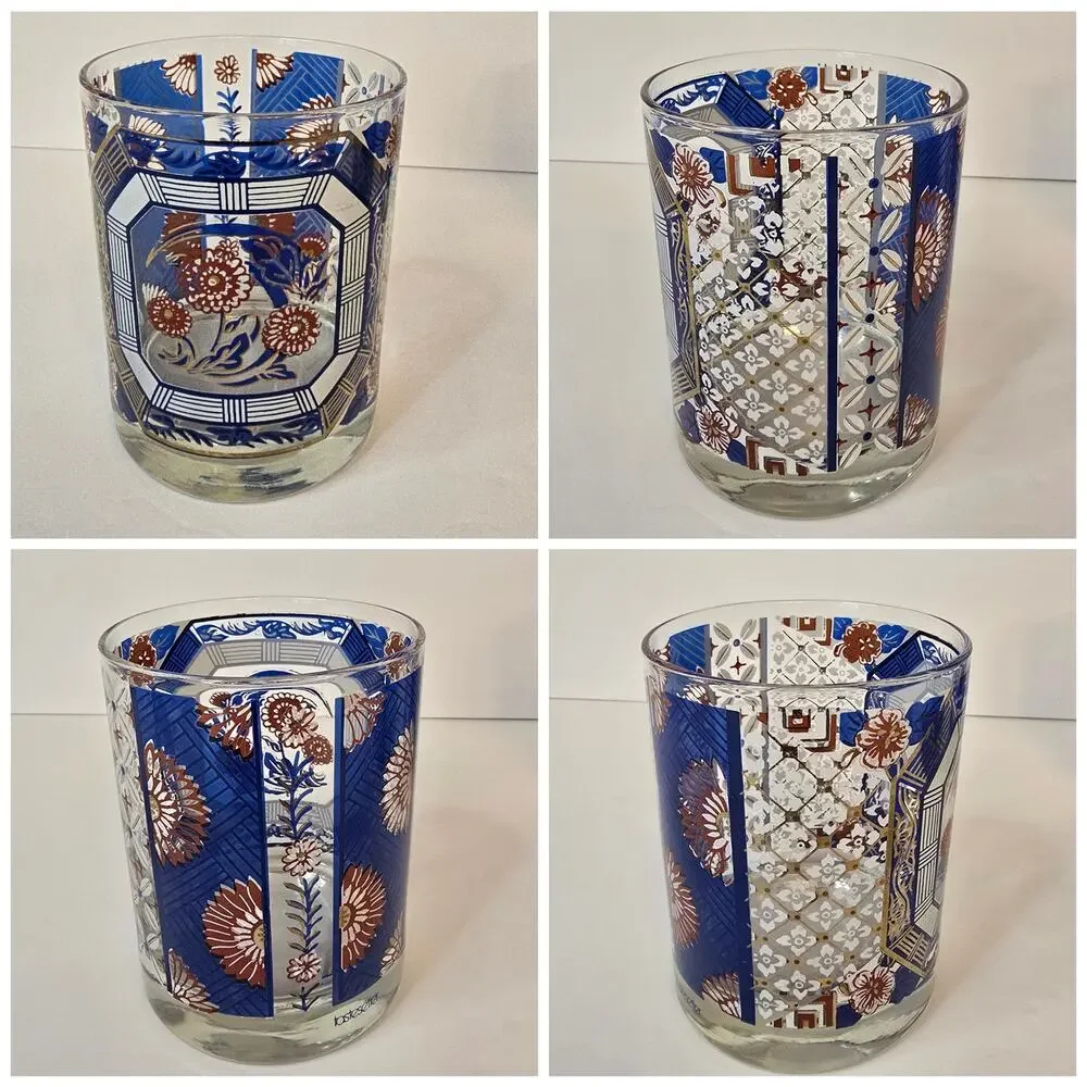 3 Old Fashioned Lowball Rocks Glasses Blue Oriental Imari Pattern Gold Vtg MCM